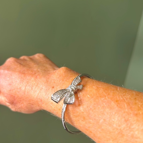 Silver Bangle Bow Bracelet with Faux Diamonds - Picture 5 of 6